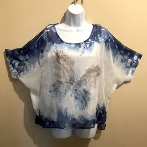 Butterfly print, chiffon over lay, dolman sleeve, small silver stud decor